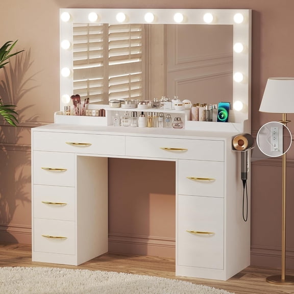 Makeup Vanity Table with LED Lights, White Dressing Desk with Large Mirror, 3 Color Modes, Ample Storage Drawers, Built-in Outlets, Perfect for Makeup Artists and Streamers