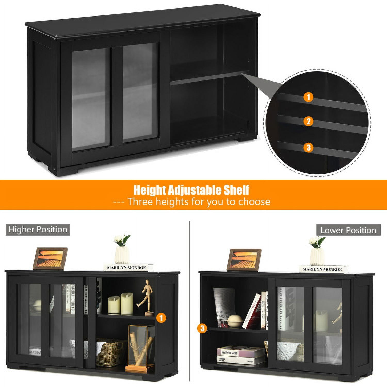 Finihen Kitchen Storage Cabinet, Buffet Sideboard, with Glass Sliding Door, for Dining Room, Kitchen, Living Room, Black