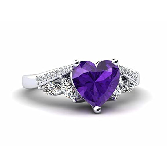HeartsAndYou 2ct Natural Heart Amethyst & Diamond Ring Art Deco Accent 14k SOLID White Gold