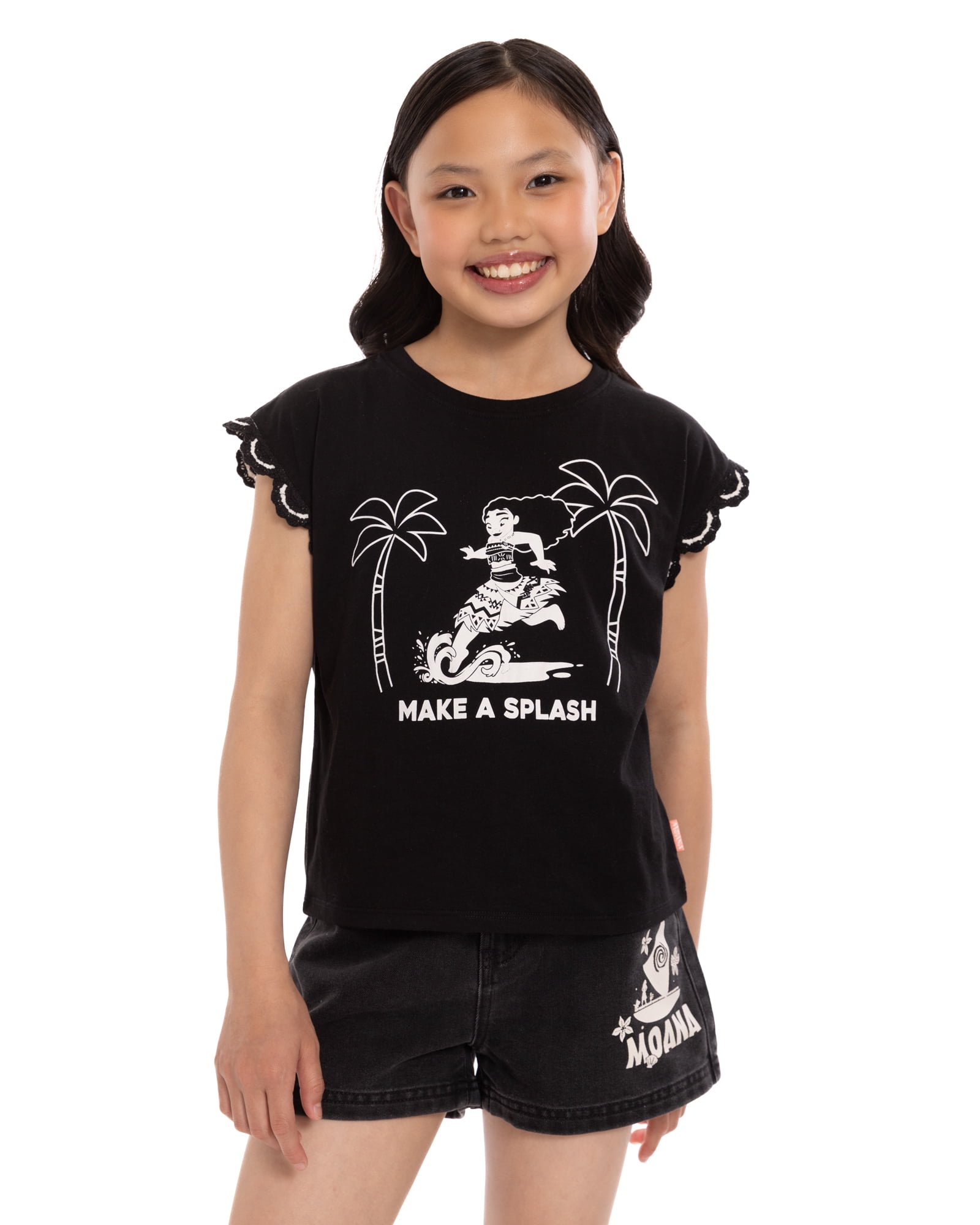 Disney Moana Girl’s Crochet Trim Crewneck Tee with Dolman Sleeves, Sizes 4-16