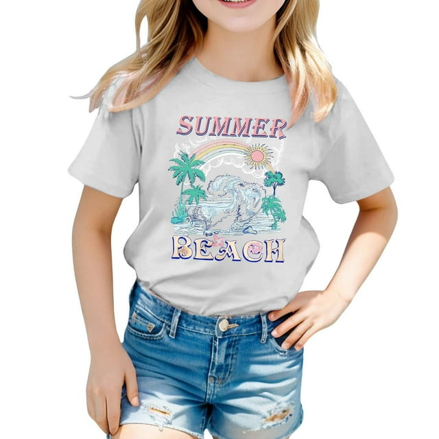 NINGMENG Hauts et T-Shirts pour Filles Enfants Imprimé Plage Col Rond Manches Courtes Confortable Ample Mode Décontracté Chandail T-Shirts Extérieur, Blanc, 6-7 Ans