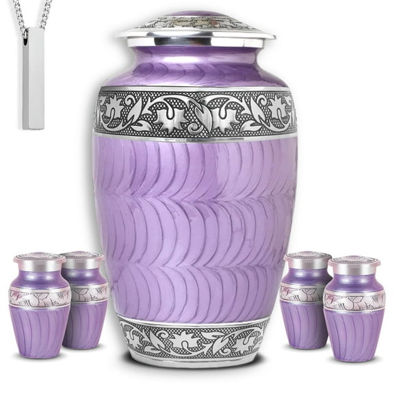 Purple Set of 6 Urns for Ashes for Women – 1 Large Adult Cremation Urn, 4 Keepsakes & Necklace – Handcrafted Memorial Earns from India