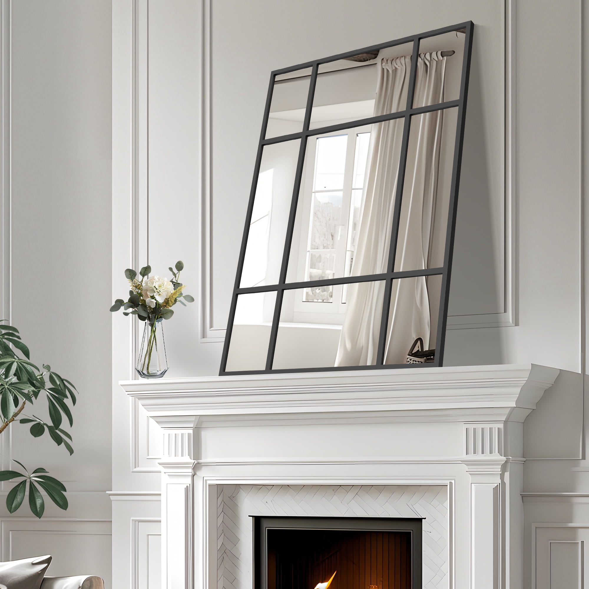 MAYEERTY 39×30in Metal Rectangular Black Windowpane Hanging Mirror for Living Room Wall Decor