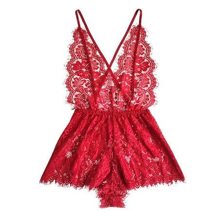 

Tangnade Ladies casual underwear bra New Fashion Black Women Lace Lingerie Bodysuit V-Neck Backless Jumpsuit Pajamas Red L