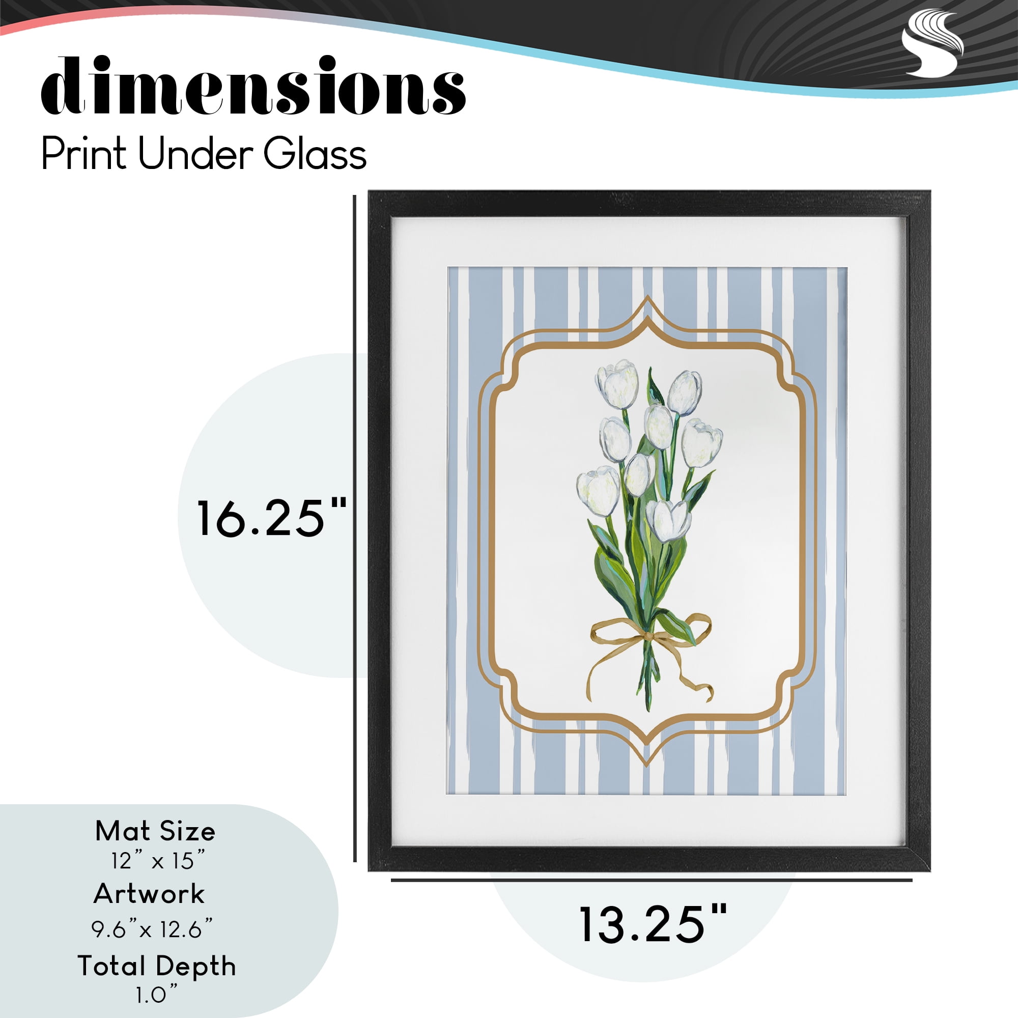White Tulip Bouquet & Stripes Black Framed Print Under Glass, design by Adonna Ebrahimi