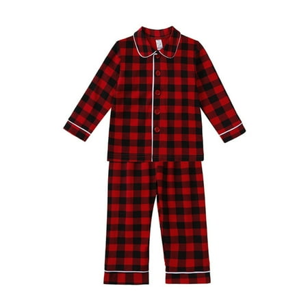 

Generic Winter Holiday Outfits Boys and Girls Fall and Winter Red and Black Plaid Long Sleeved Pajamas Set(6-12 Months Red)