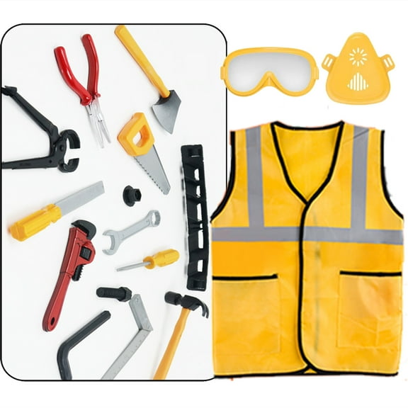 17Pcs Kids Construction Worker Costume Dress-up Set for Boys 3-6 Year Toddler Birthday Christmas Present, Pretend Role Play Builder Kit Preshool Toys with Goggles, Mask, Tool Belt, Vest, and More