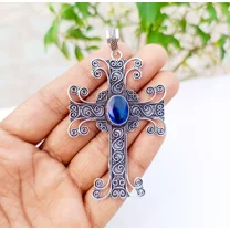 Tanzanite Cross Pendant 925 Sterling Silver Handmade Gemstone Jewelry 3.18"