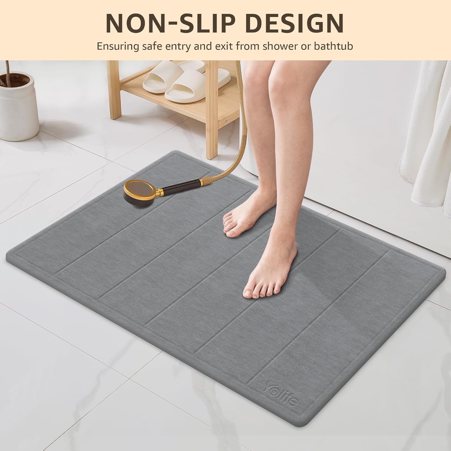 Yolife 32"x20" Diatomite Bath Mat, Super Absorbent Quick-Dry Bathroom Rug, Non-Slip Natural Diatomaceous Earth Mat for Shower, Kitchen, Entryway, Easy to Clean,Dark Grey