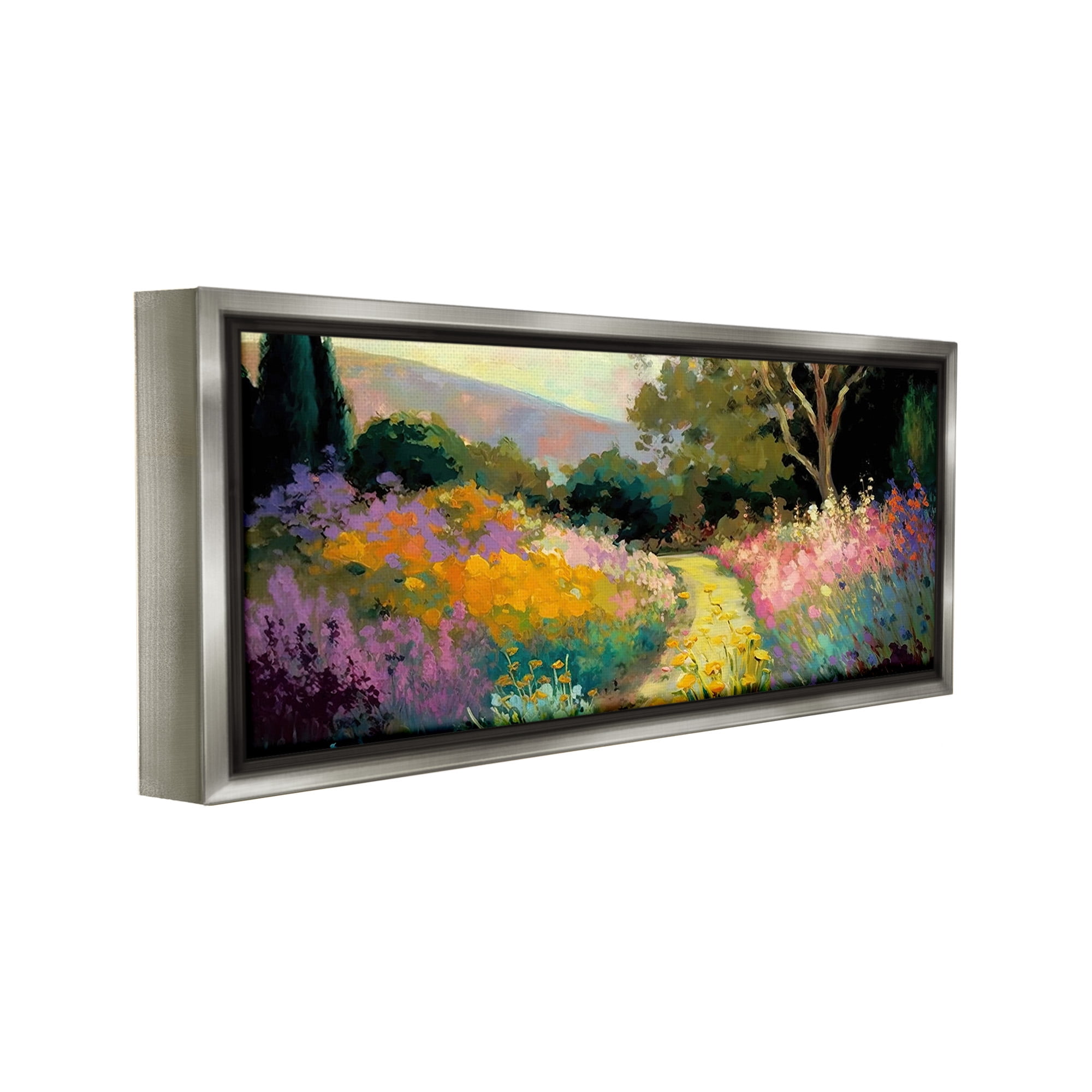 Stupell Industries Modern Meadow Path Landscape Painting Gray Floater Framed Canvas Art Print Wall Art, 31 x 14