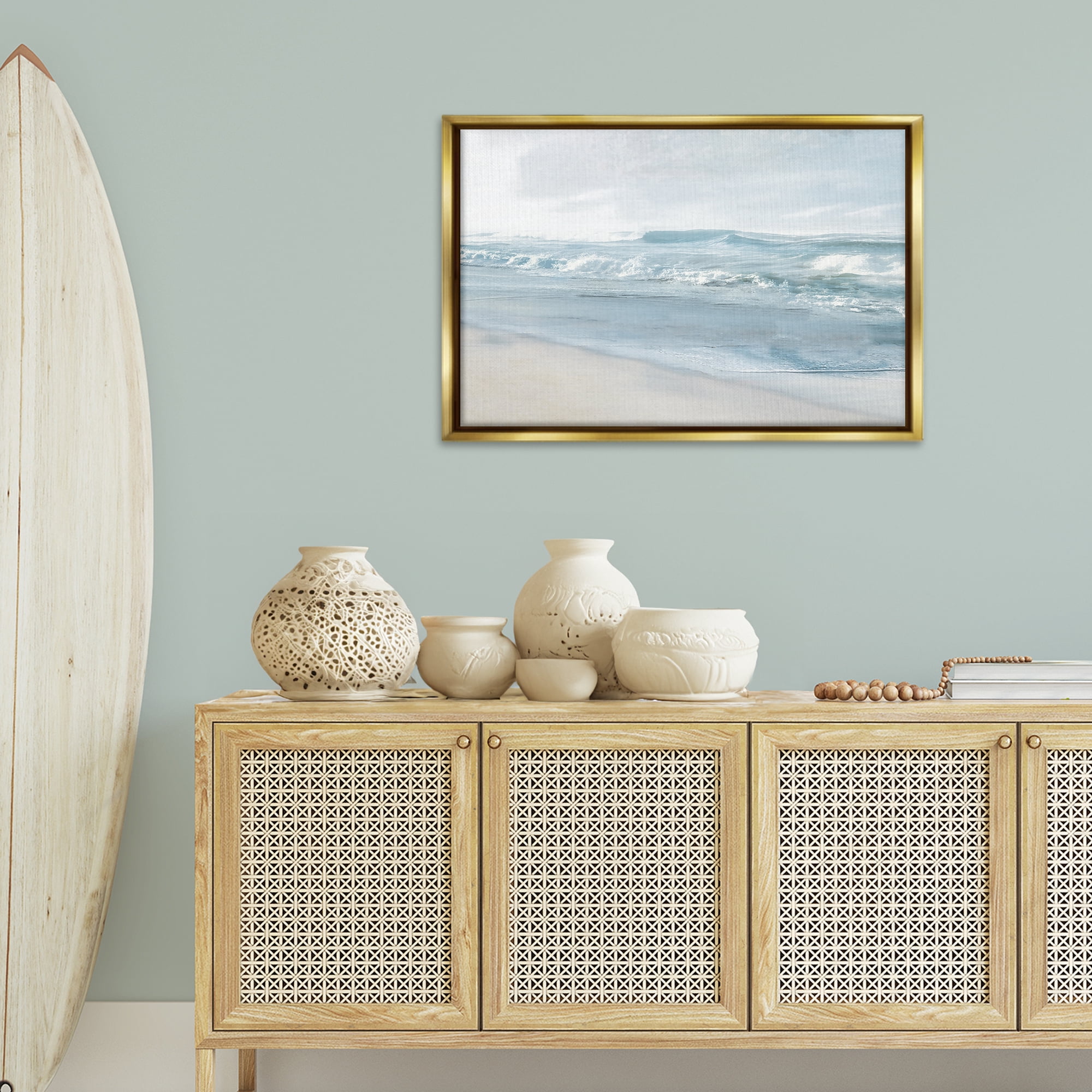 Stupell Industries Calm Blue Beach Waves Nautical & Beach Painting Gold Floater Framed Canvas Art Print Wall Art, 31 x 21