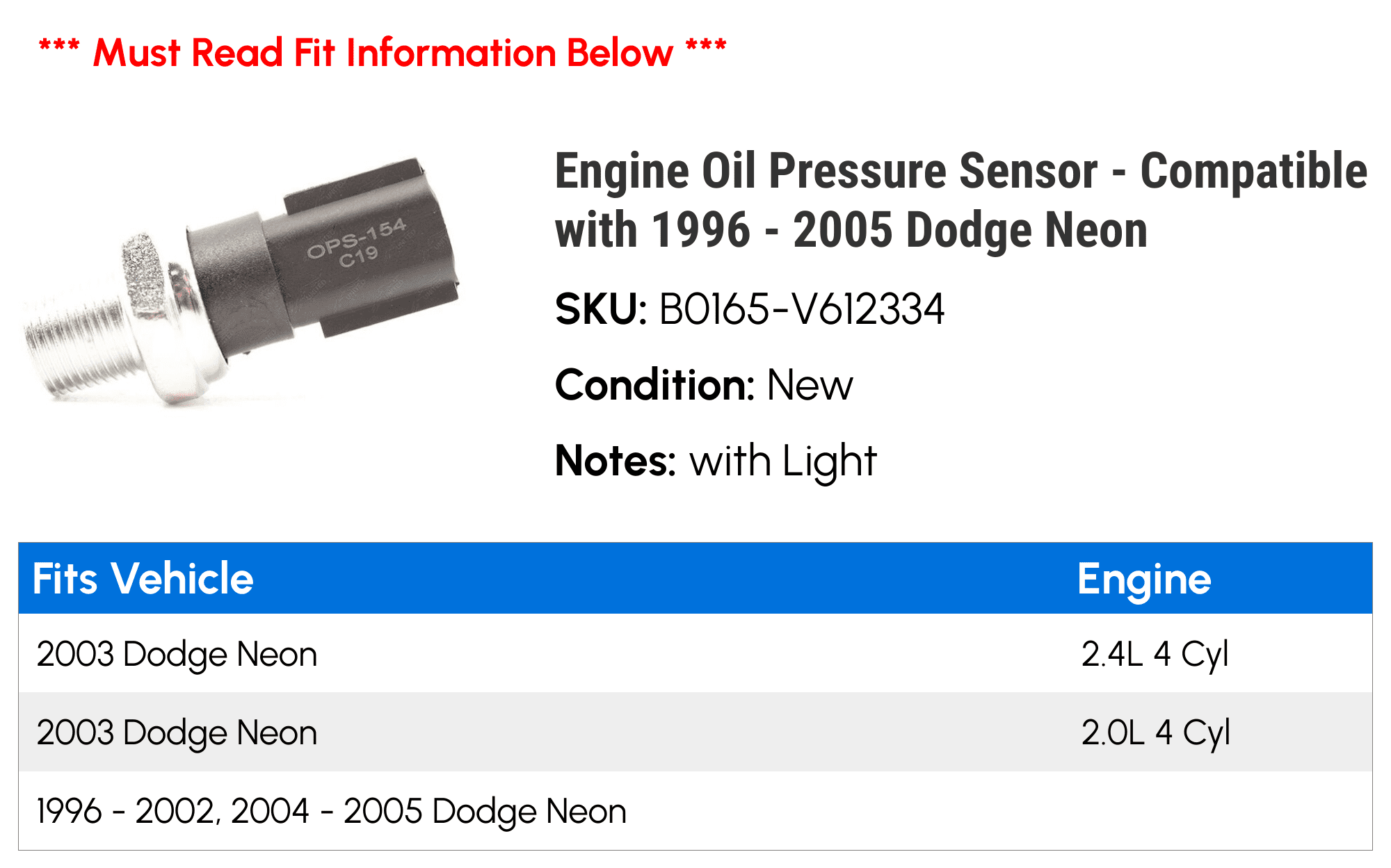 Engine Oil Pressure Sensor - Compatible with 1996 - 2005 Dodge Neon 1997 1998 1999 2000 2001 2002 2003 2004
