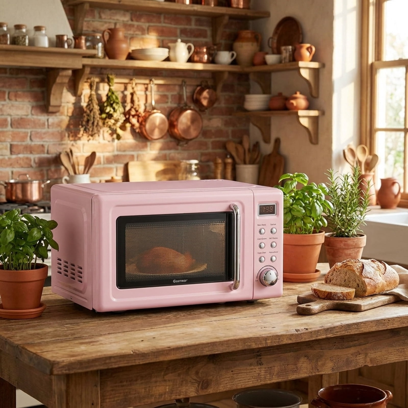 RUIE 700W Retro Countertop Microwave Oven 0.7 Cu.Ft with 5 Power Levels & 8 Auto Menus, Small Retro Microwave Oven with Child Lock for Home Dorm Apartment, Pink