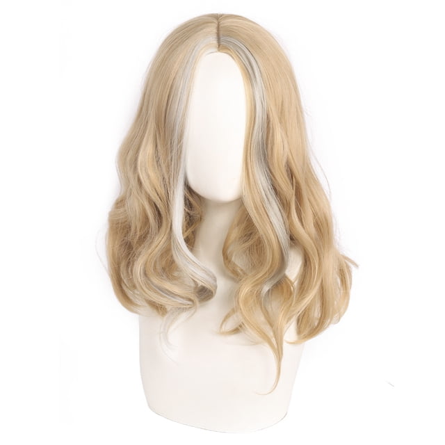 Peluca para cosplay, larga, ondulada, rubia y plateada, bicolor sintético