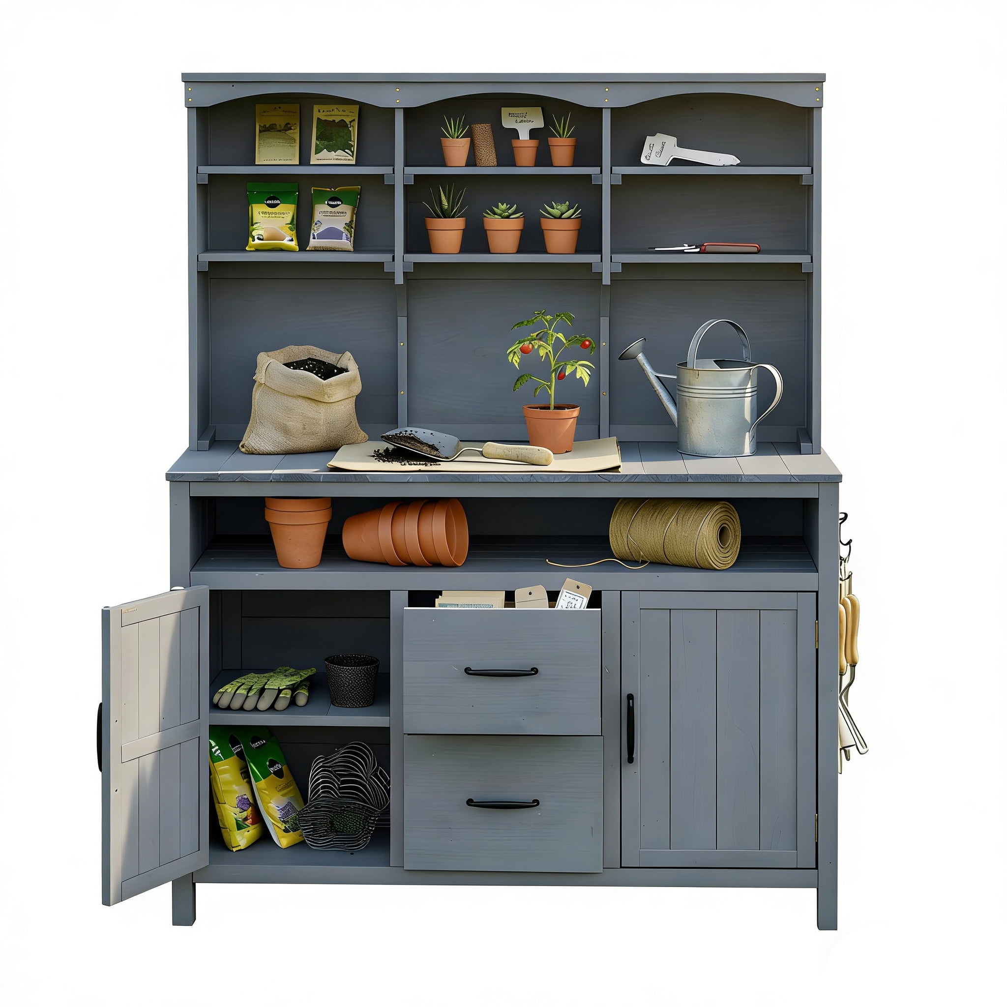 Mintazer Outdoor Potting Bench with Cabinets, 65"H Multi-Functional Patio Kitchen Island with 2 Drawers & Hooks, Large Countertop for Gardening Grill, Gray