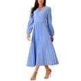 thumbnail image 4 of INSPIRE CHIC Women's Pleated Dress Puff Long Sleeve V Neck Belt Waist Dress L Blue, 4 of 5
