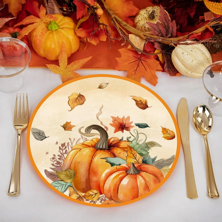 20 Pack Disposable Plates Fall Pumpkin Maple Leaf Print Party