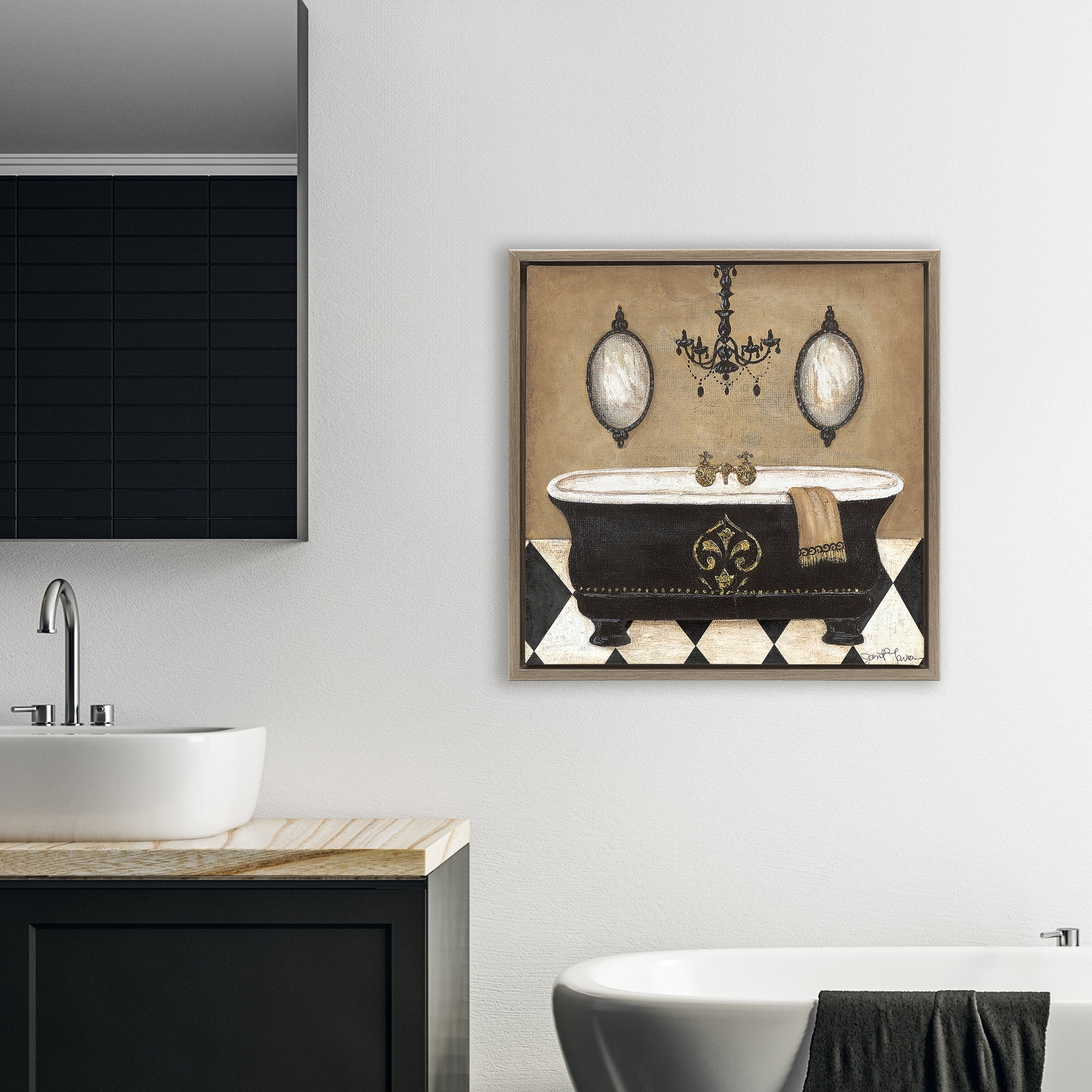 Stupell Industries Elegant Bathtub & Chandelier Brown Framed Floater Canvas Wall Art, design by Janet Tava