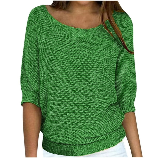Suéteres Umfun para mujer, sueltos, informales, de punto, lisos, estampados, cuello redondo, manga 3/4, suaves al tacto, ligeros, verde S