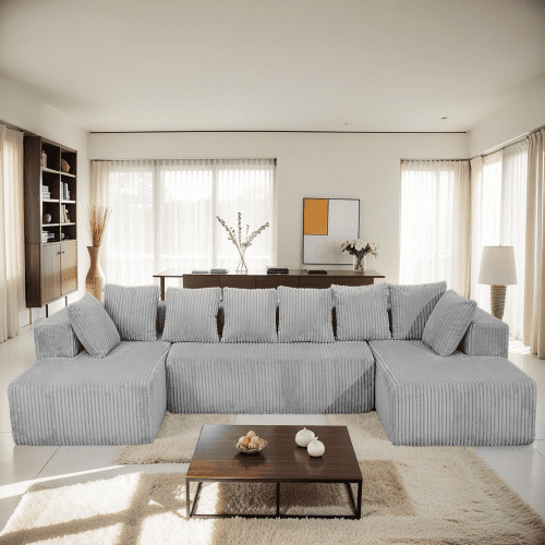 130" Cloud Sectional Couches for Living Room, 4-Seater U Shaped Boneless Sleeper Sofa Bed with Deep Seat Chaise, Modular Corduroy Foam Compression Couch with 8 Pillows, No Assembly, Grey