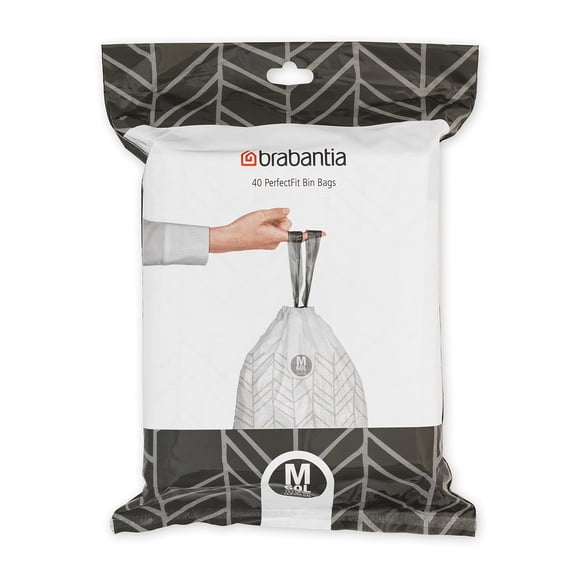 Brabantia Sacs à Ordures PerfectFit (Taille M/16 Gal) Doublures Épaisses en Plastique pour Poubelle avec Poignées à Cordon (40 Sacs)