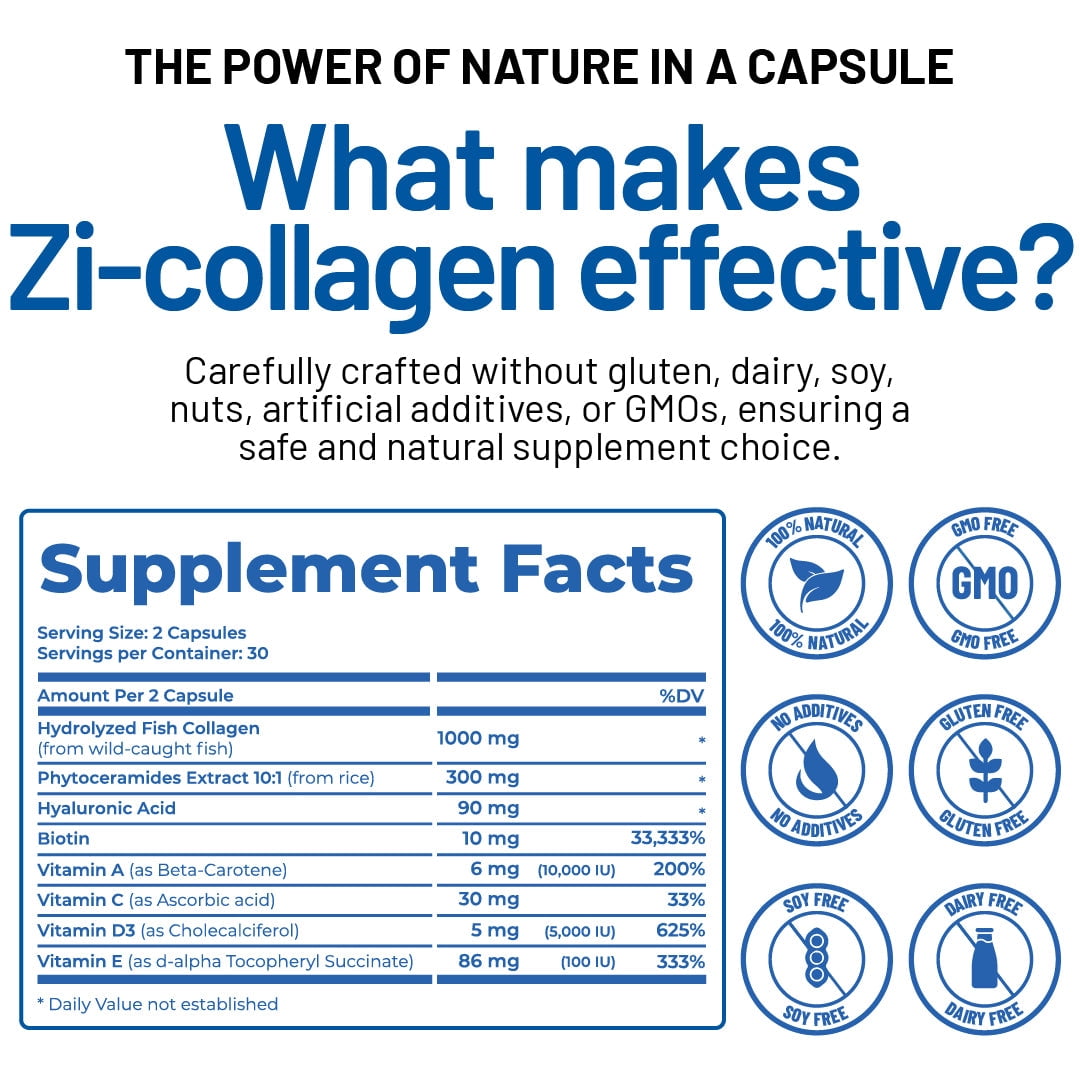 Zivere Zi-Collagen Marine Collagen Capsules Healthy Aging Lactose-Free Gluten-Free Dairy-Free 60 Count 60 Capsules