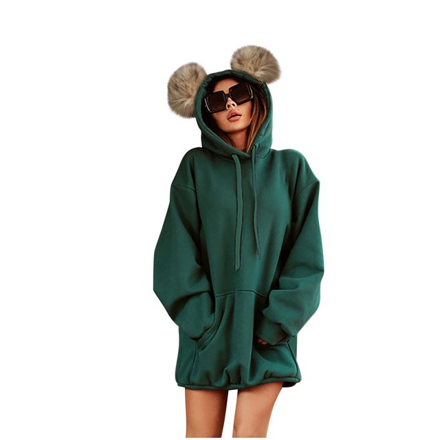 Sudadera con capucha de bolsillo de color sólido largo con orejas de bola de felpa informal de moda para mujer con sudaderas de felpa Fridja FKASFK5057