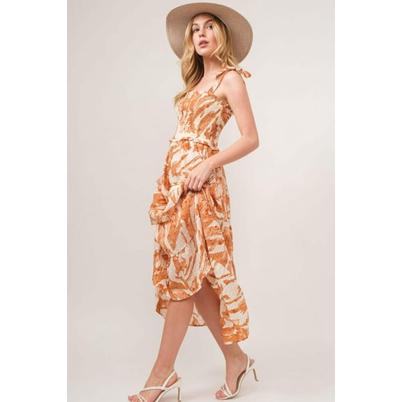 Why Tie Shoulder Smocked Midi Tiered Dress