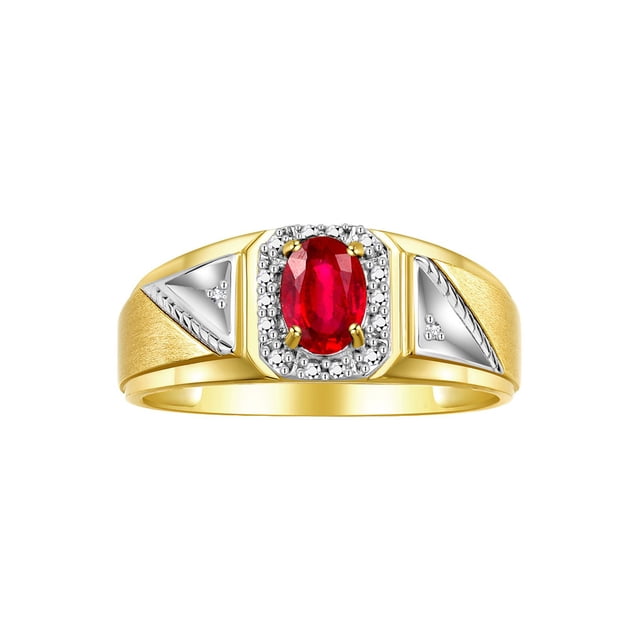 RYLOS Men's Rings 14K Yellow Gold Classic 7X5MM Oval Gemstone & Diamond Designer Ring Ruby July Birthstone Rings For Men Size 8