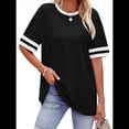 thumbnail image 2 of Camisetas de Mujer, Corte Holgado, Corta, Cuello Redondo, Bloques de Color, Moda de Verano 2025 Negro M, 2 of 8