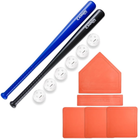 Plastic Baseball Set with Two Bats, 6 Balls and Throwdown Bases (2 Bats   6 Balls   Orange Bases, Black/Blue)