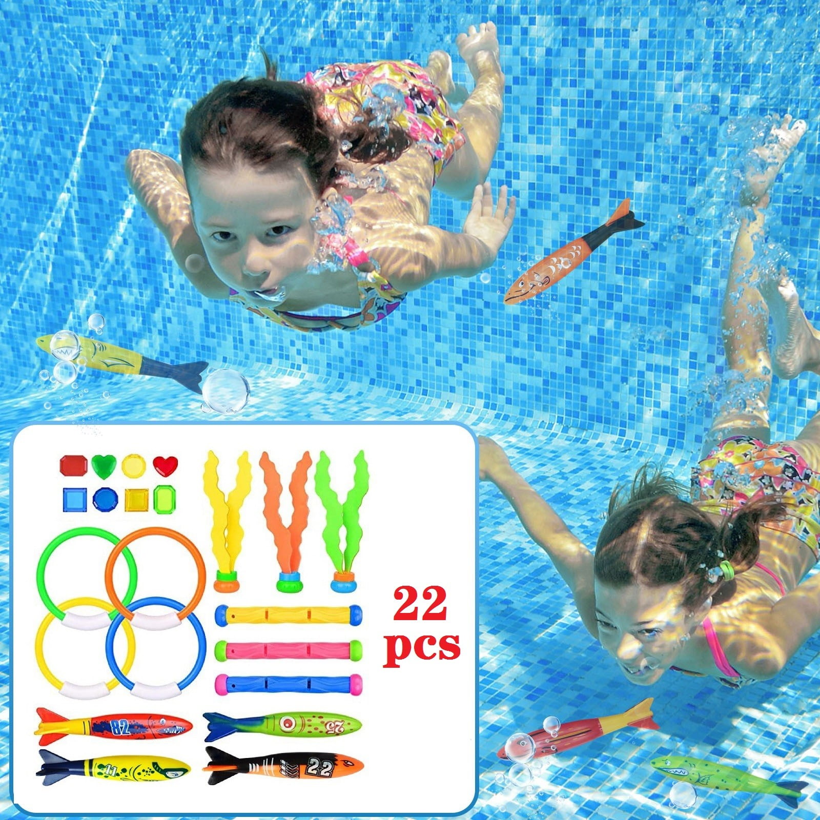 Lot De 28 Jouets De Plongée Pour Piscine – Sirènes, Torpilles, Bâtons, Anneaux, Animaux Marins – Sac De Transport Inclus – Sécurité ABS