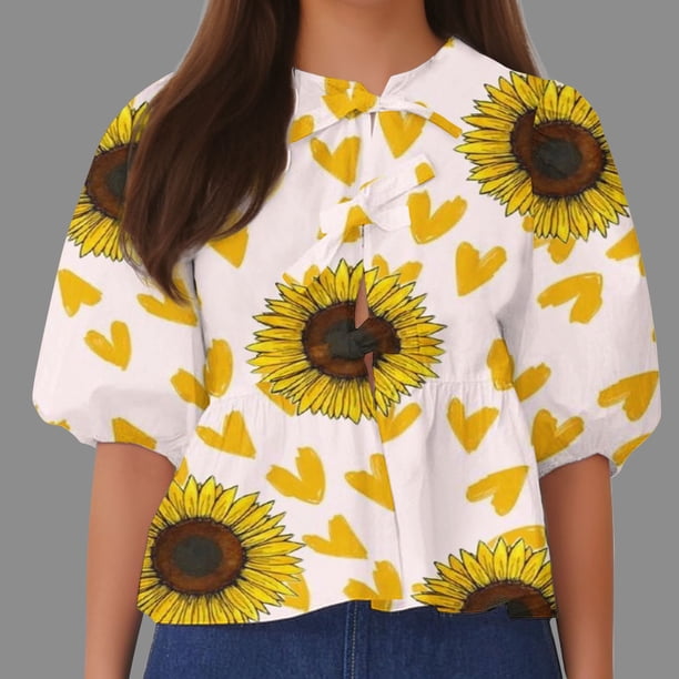 Fiudx Liquidación de Ahorros de Verano Top de Camiseta con Cuello Redondo y Manga Farol Plisada con Lazo para Mujer