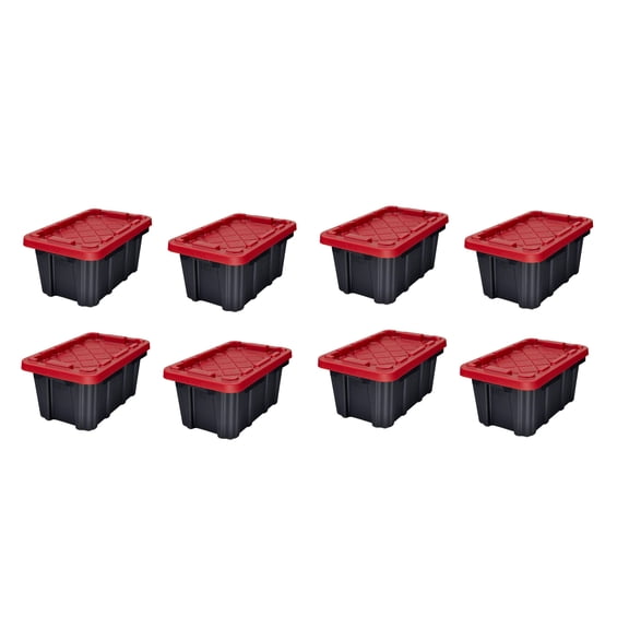 1.6 Gallon (6.5 qt) Stackable Storage Box, Black With Red Snap Lid, 8-Pack