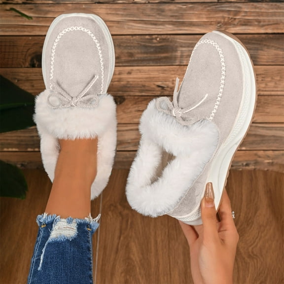 Dpityserensio Winter Shoes for Women Thick-Soled Warm Shoes With Bow Knot Furry Mouth Comfortable Wedge Heels Snow Boots