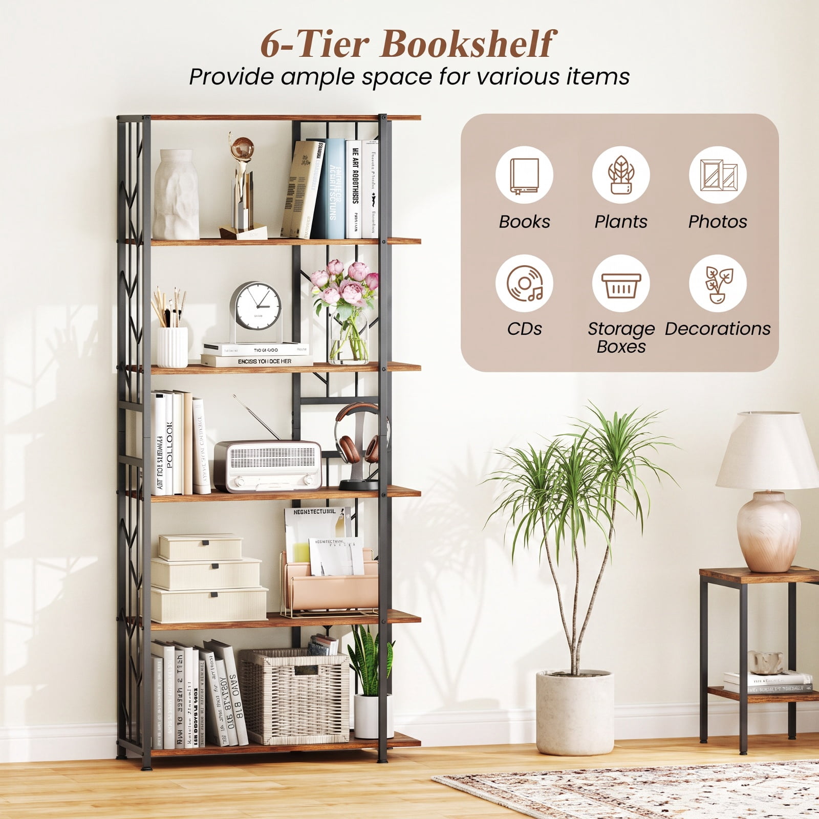 Furnibear 6-Tier Bookshelf Modern Geometric Bookcase with Heavy-duty Metal Frame and Anti-tipping Kits for Living Room Home Office, Rustic Brown