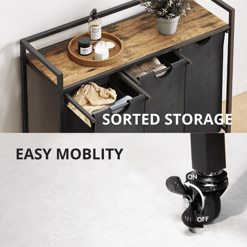 Laundry Hamper with Shelf, 2 Section Laundry Sorter with Pull-Out Removable Bags & Rolling Wheels, Metal Frame Laundry Basket Organizer for Bathroom Bedroom Laundry Room, Rustic Brown + Black
