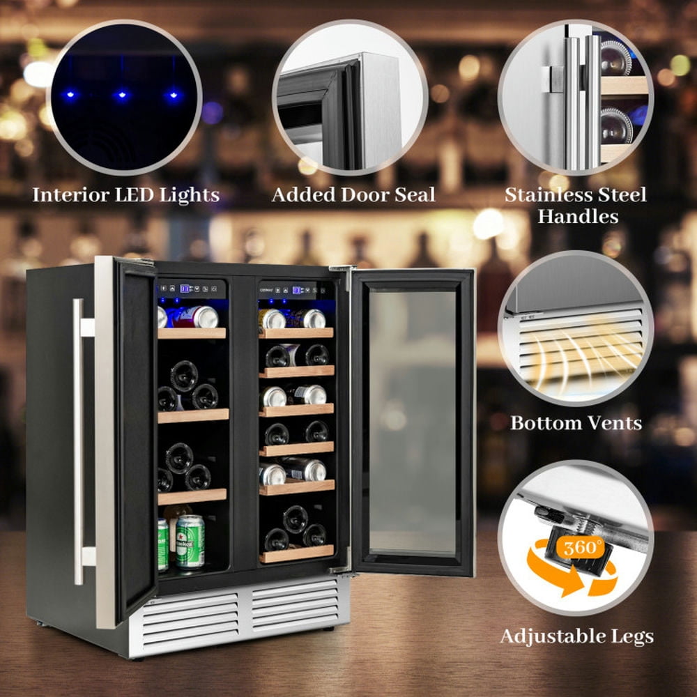 YYAo 2-in-1 Beverage and Wine Cooler with Independent Temperature Control and LED Lights-Silver