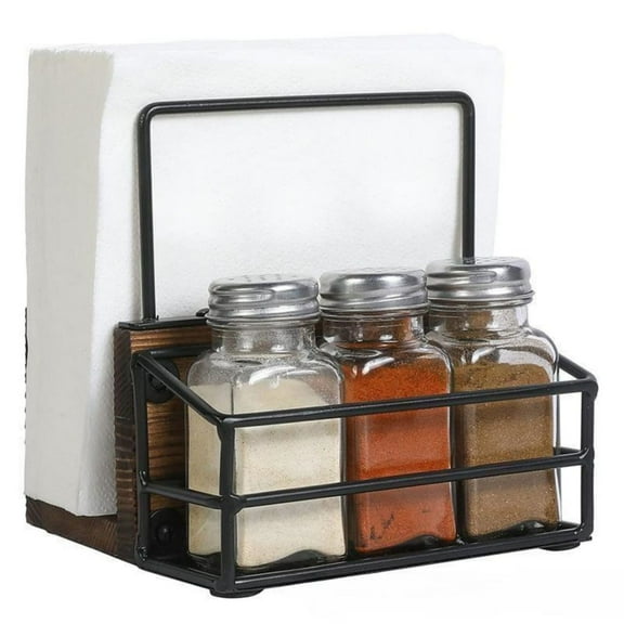 Cipaher Napkin Holder Countertop Wooden Farmhouse Napkin Holder for Table with 3 Glass Salt and Pepper Shakers