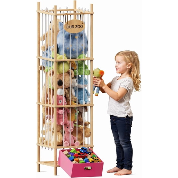 Stuffed Animal Storage Wood Toy Storage Organizer with Drawer, Large Toy Chest Stuffed animal holder for Kids Nursery Playroom Bedroom