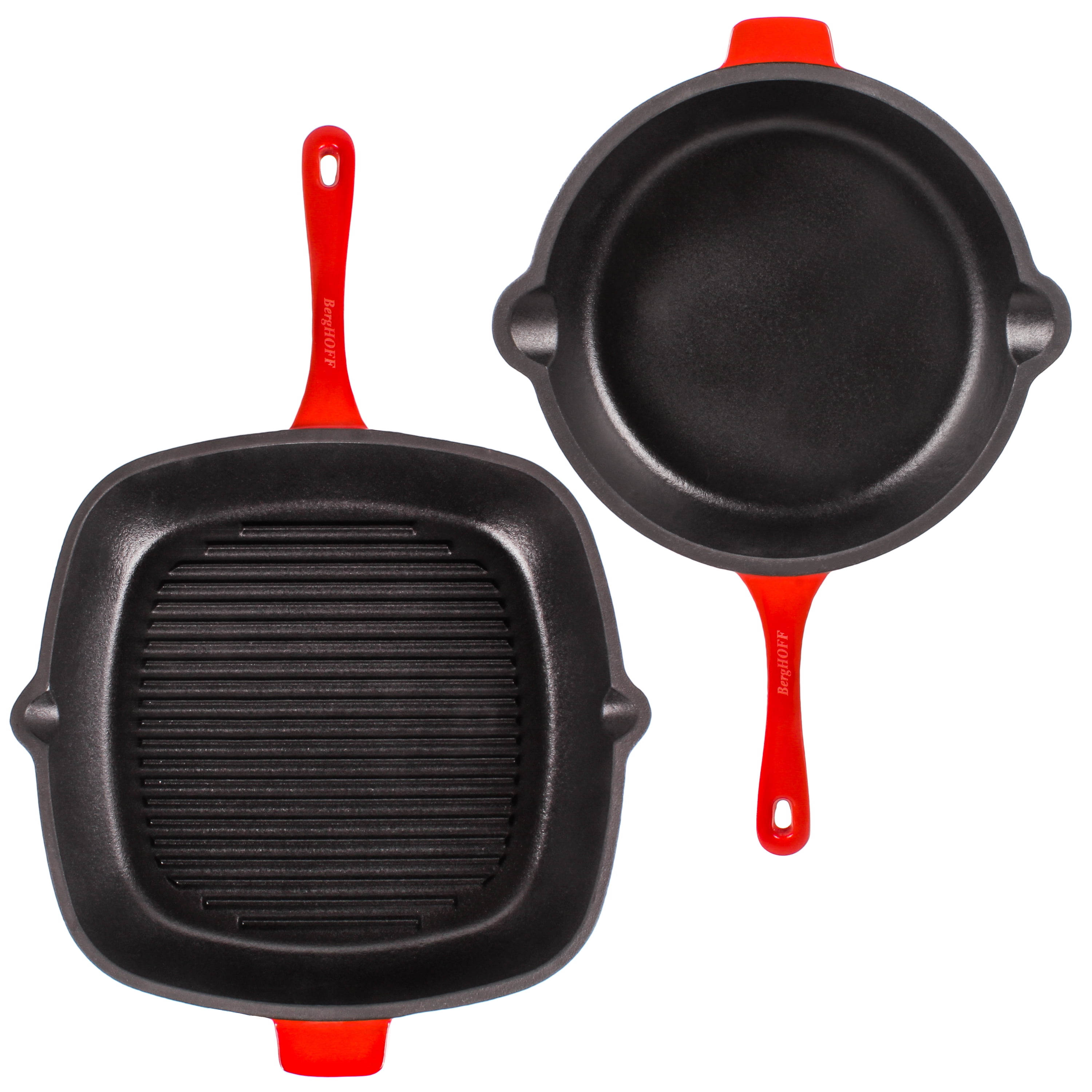 BergHOFF Neo 4pc Cast Iron Fry Pan & Grill Pan Set, Red