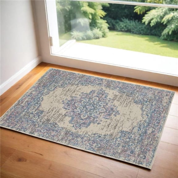 HomeRoots 546073 3 x 5 ft. Medallion Distressed Non Skid Rectangle Area Rug, Ivory, Pink & Blue