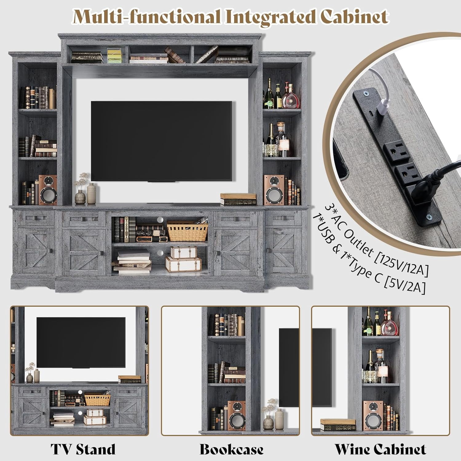VANACC 98" Farmhouse TV Stand, Rustic Entertainment Center with Barn Door & Charging Station, Grey