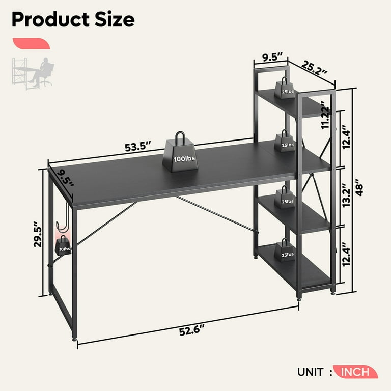 Bestier Computer Desk with Adjustable Shelves and Reversible Bookshelf 63 Wide Black