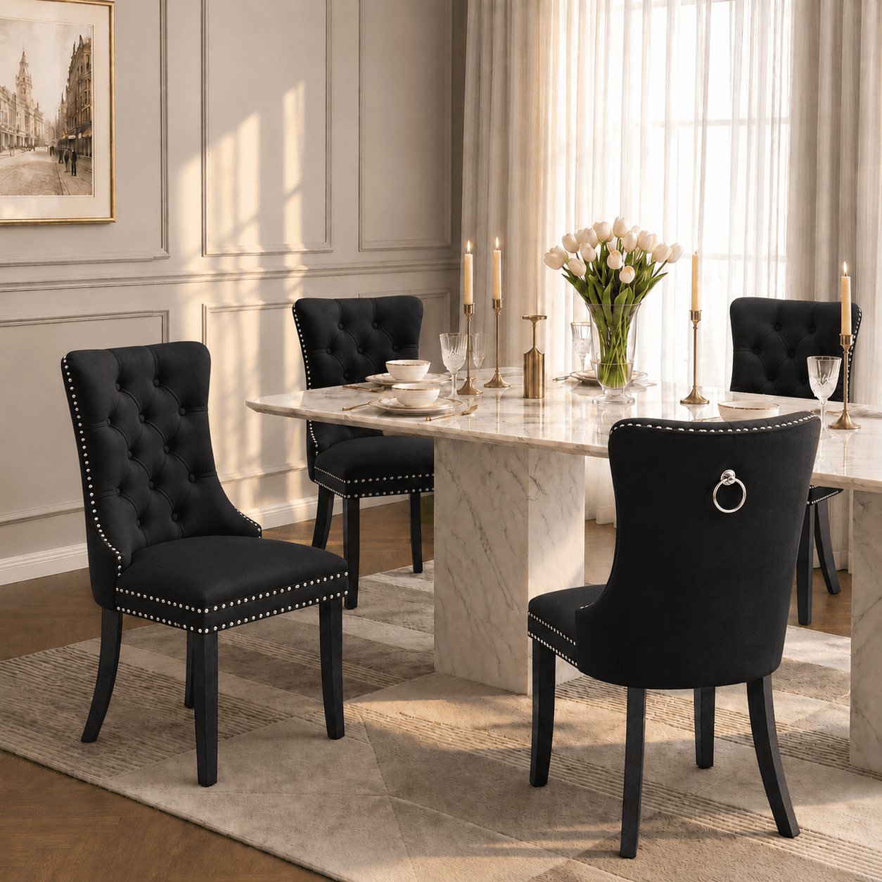 LegaHome Dining Chairs Set of 2, Velvet Upholstered Dining Chair with Nailhead Trim&Solid Wood Legs, Button Padded Dining Chairs Set for Kitchen Dining Room Living Room, Black