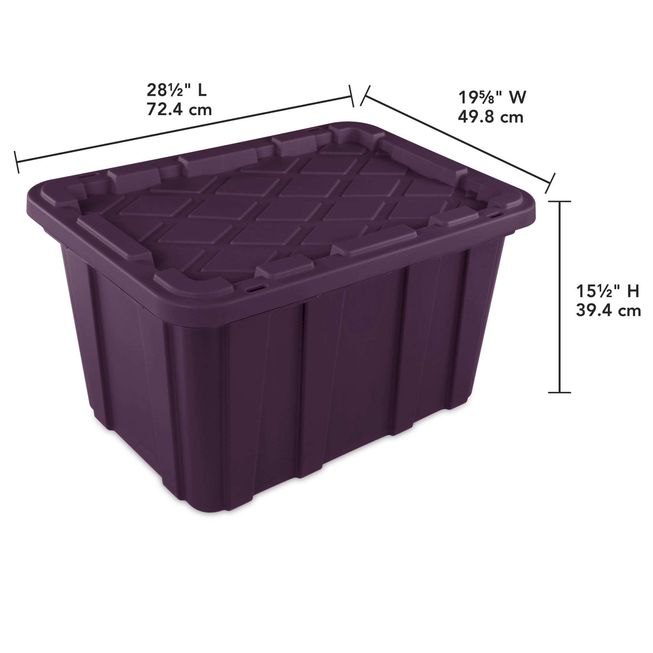 Sterilite Large Industrial Tote, 27 Gallon Durable Plastic Storage Bin with Snap-On Lid, Ideal for Fall and Halloween Costumes, Décor, and More, Plum