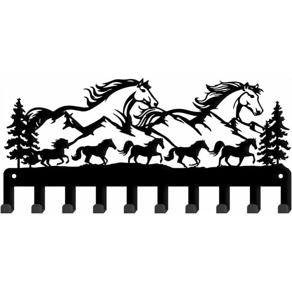 Herd of Horses Metal Key Hook Mountain and Horses Decorative 10 Hooks Black Key Holder Organizer Animals Wall Hanging Hooks Personalized Key Hanger Dog Leash Hanger for Home Wall Front Door