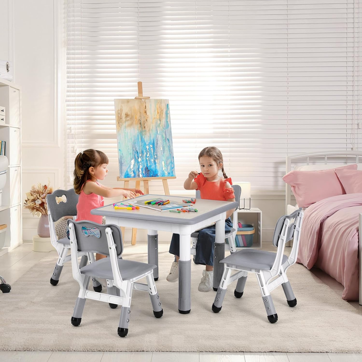 LAZY BUDDY Kids Table and 4 Chairs Set, Height Adjustable Toddler Desk and Chair Set with Graffiti Desktop, Children Multi-Activity Table for Classroom/Daycare/Home