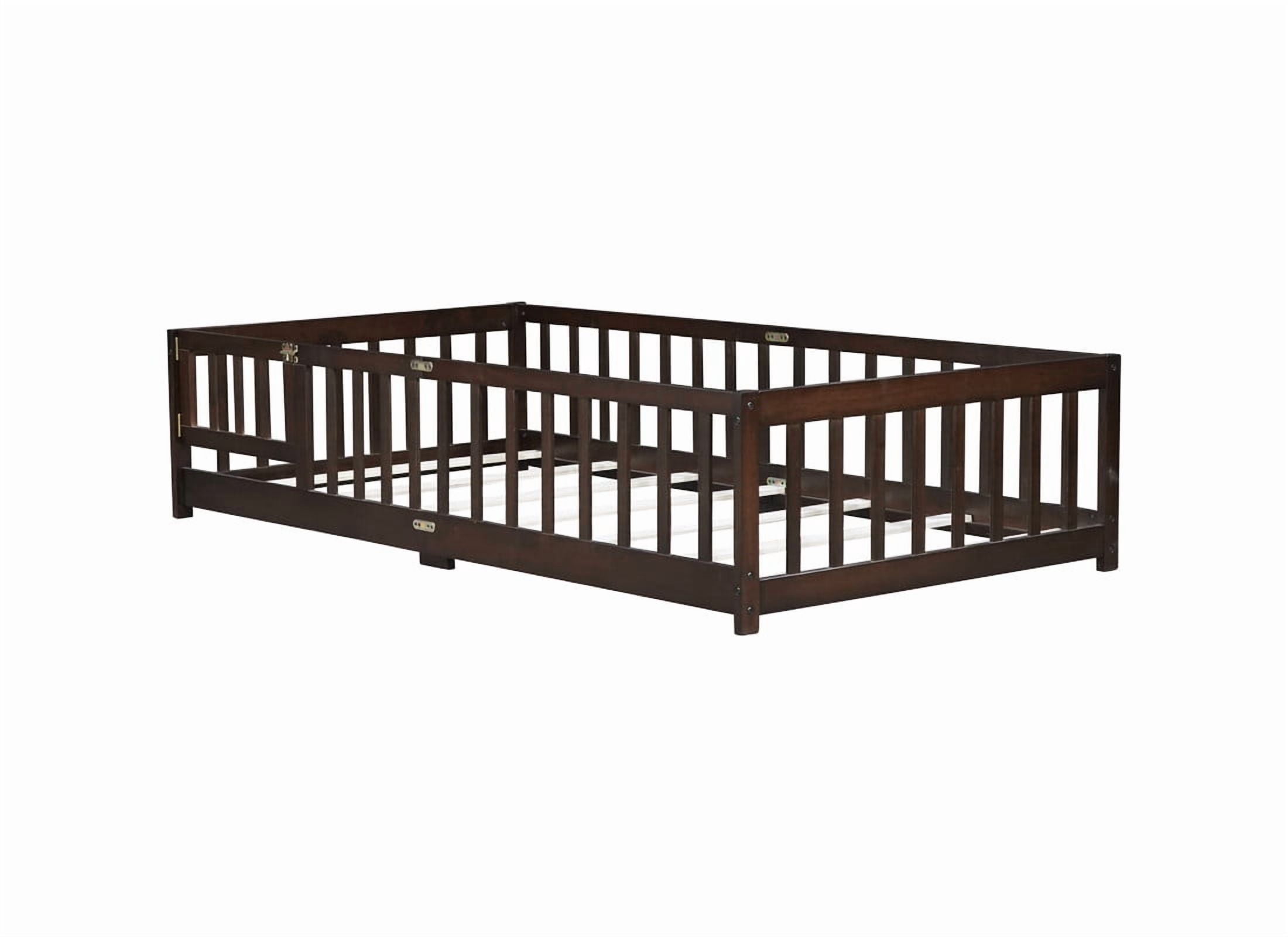 Mirightone Twin Size Floor Bed , Wood Montessori Floor Beds with Fence Railings, Door & Slats Support, Twin Playhouse Bed Frame, (Espresso)