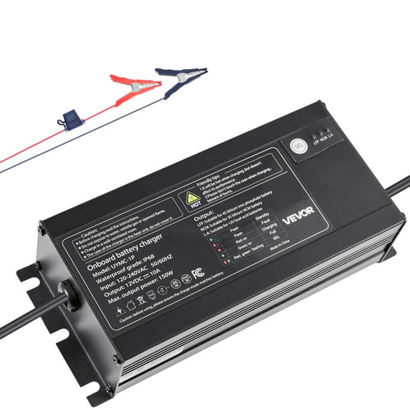 VEVOR Marine Battery Charger, 1-Bank, 10A 12V Onboard Boat Charger, IP68 Waterproof Smart On-Board Battery Charger, for Lithium-Ion (LiFePO4), NCM, Lead-Acid Batteries,Large Boat,Yacht,RV,Trailer